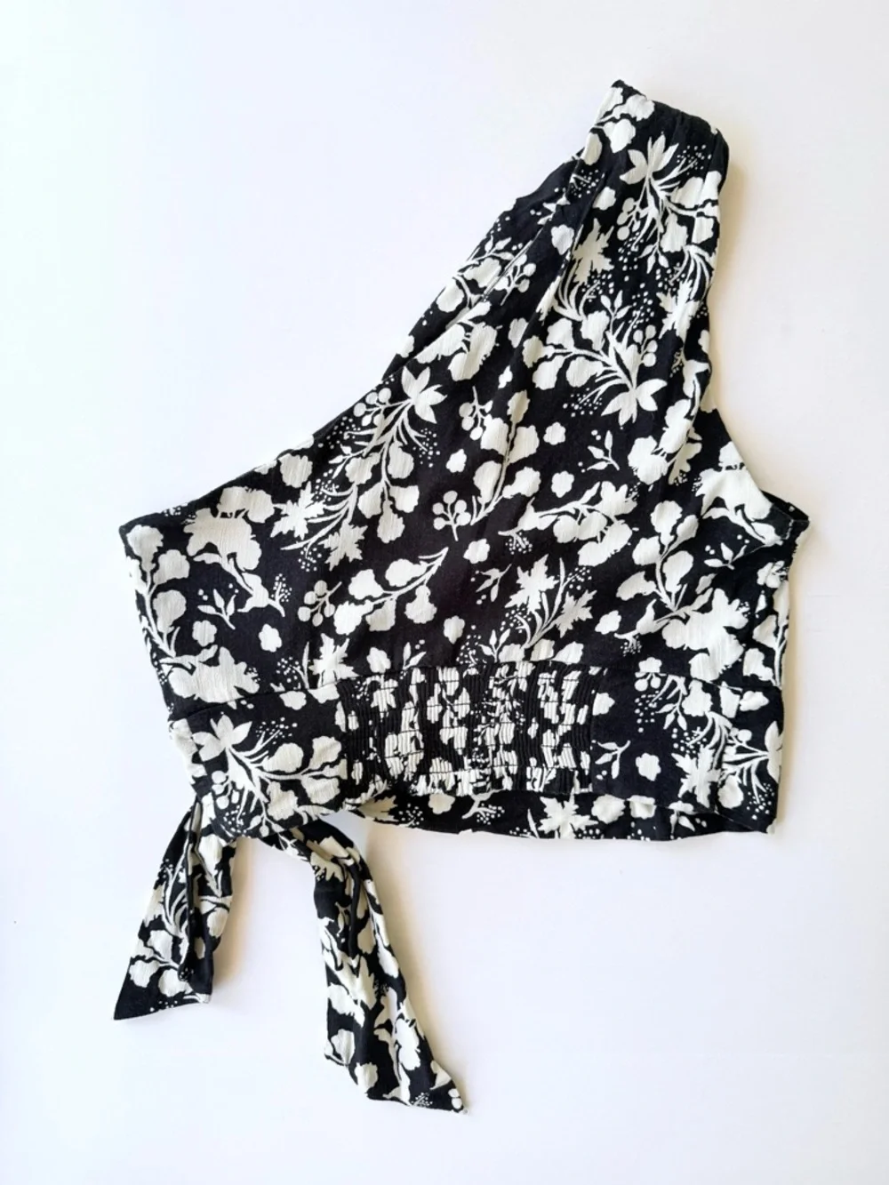 Free People Carmen Printed One-Shoulder Crop Top Black & Ivory Cream Floral S
